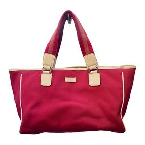 Rare Gucci Red Web Pink Nylon Canvas Tote Bag